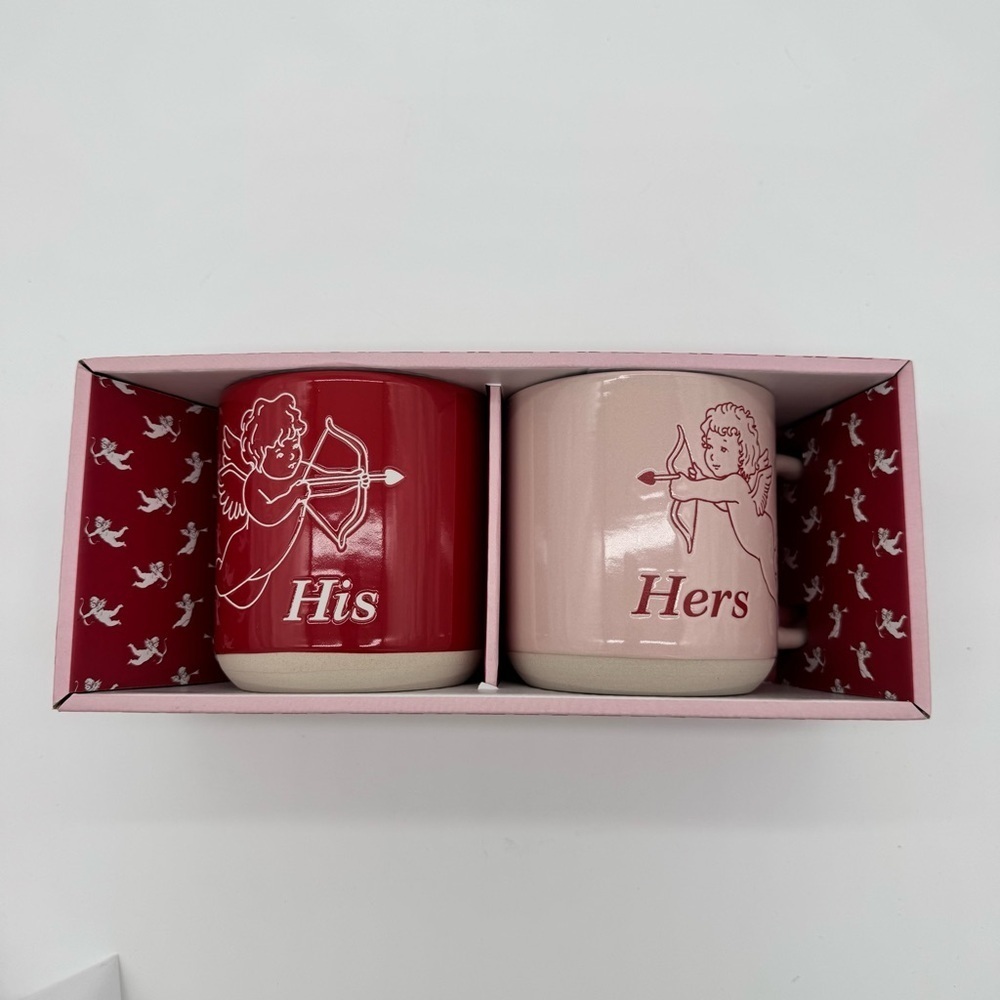 His and Hers Valentines Gift box mug Set, Cupid, Red